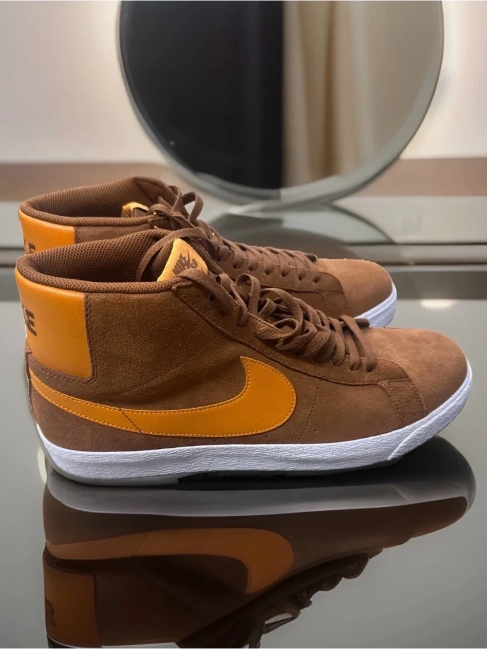 Nike Men’s Brown Suede High-Top Sneakers with Yellow-Orange Swoosh